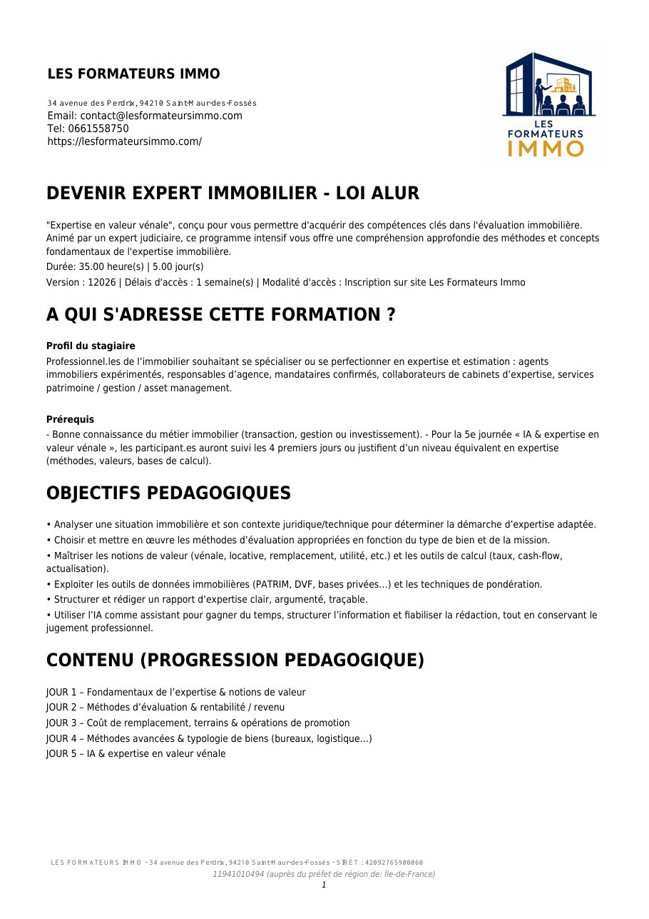 Page 1 du programme Devenir expert immobilier – Expertise en valeur vénale