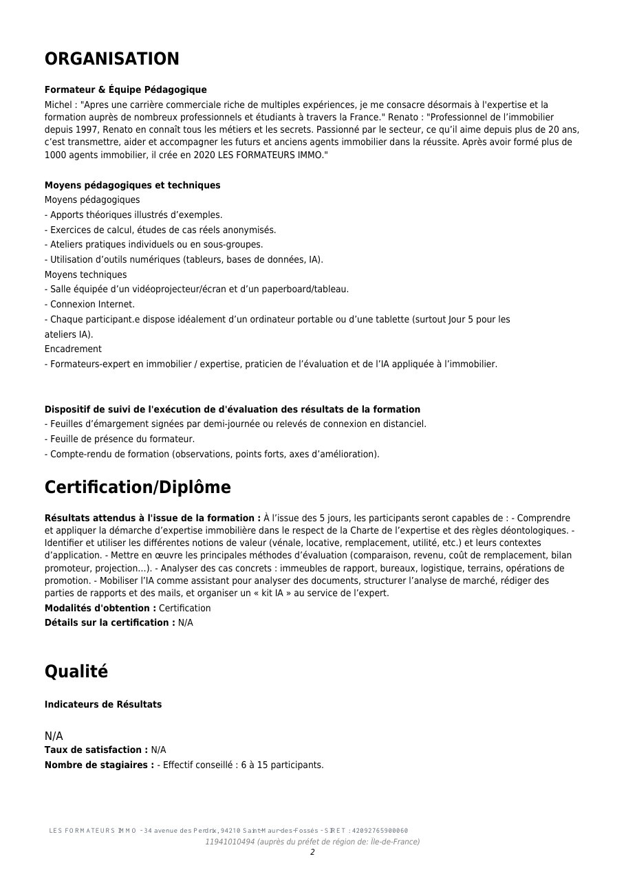 Page 2 du programme Devenir expert immobilier – Expertise en valeur vénale
