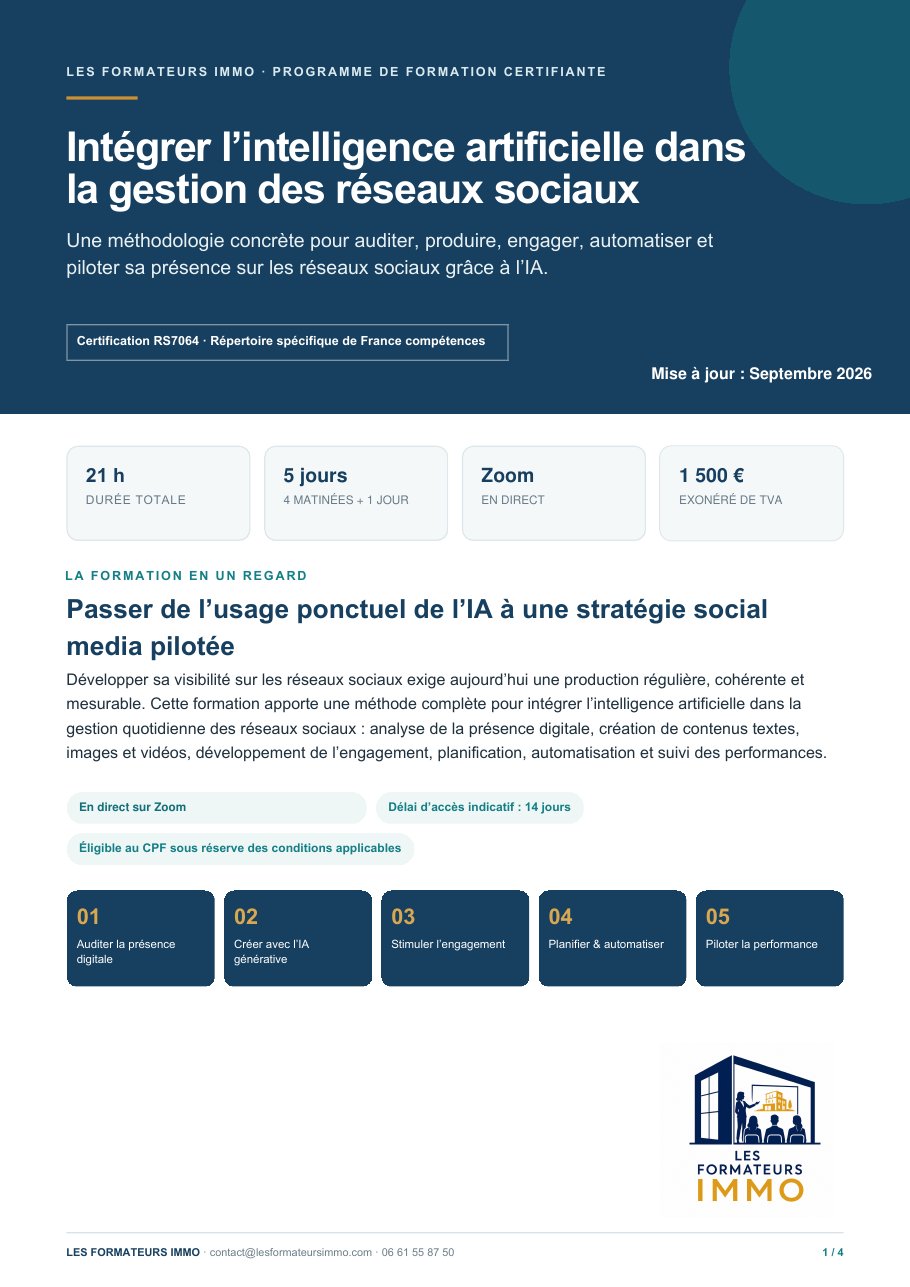 Page 1 du programme Intégrer l’intelligence artificielle dans la gestion des réseaux sociaux