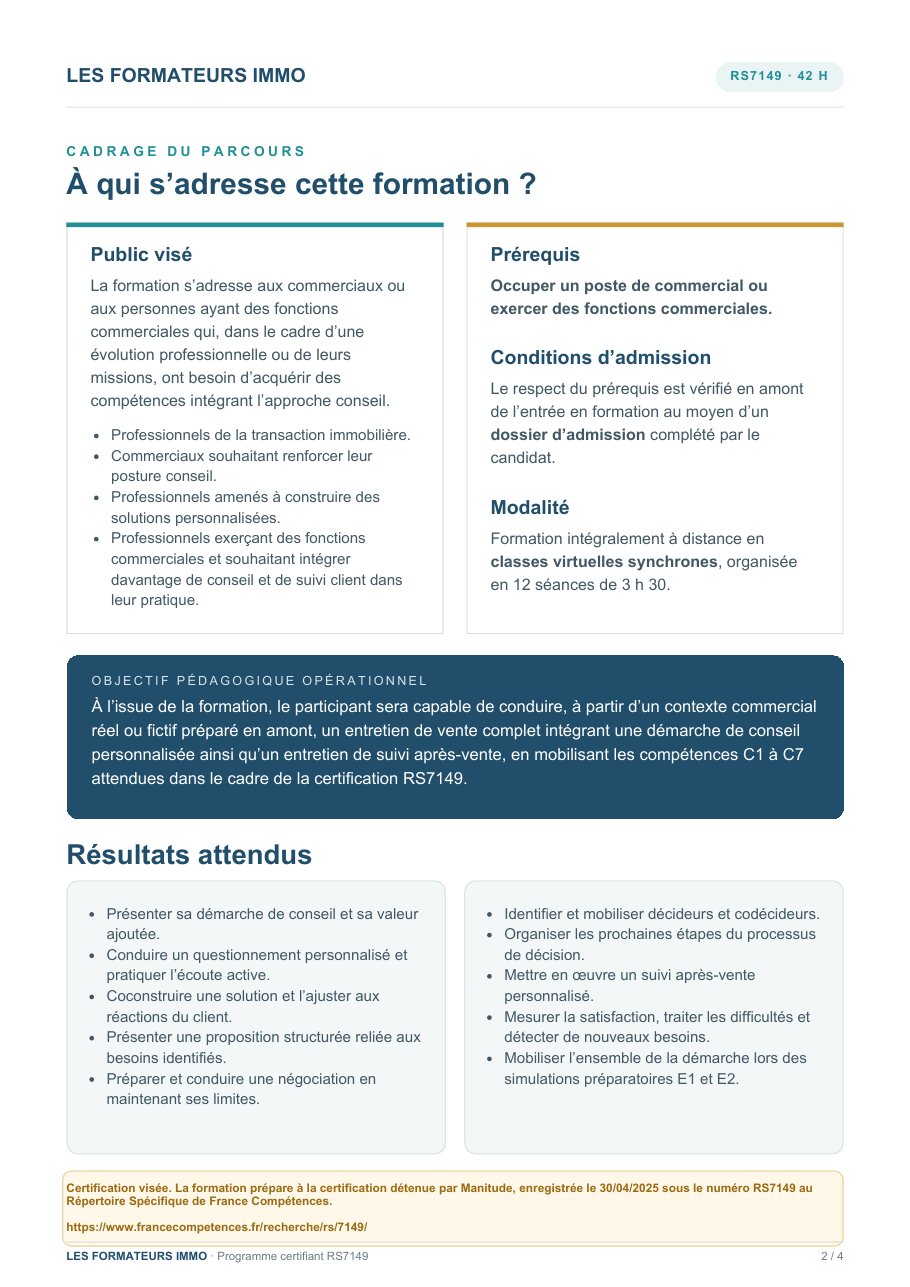 Page 2 du programme Intégrer la démarche conseil dans le processus de vente